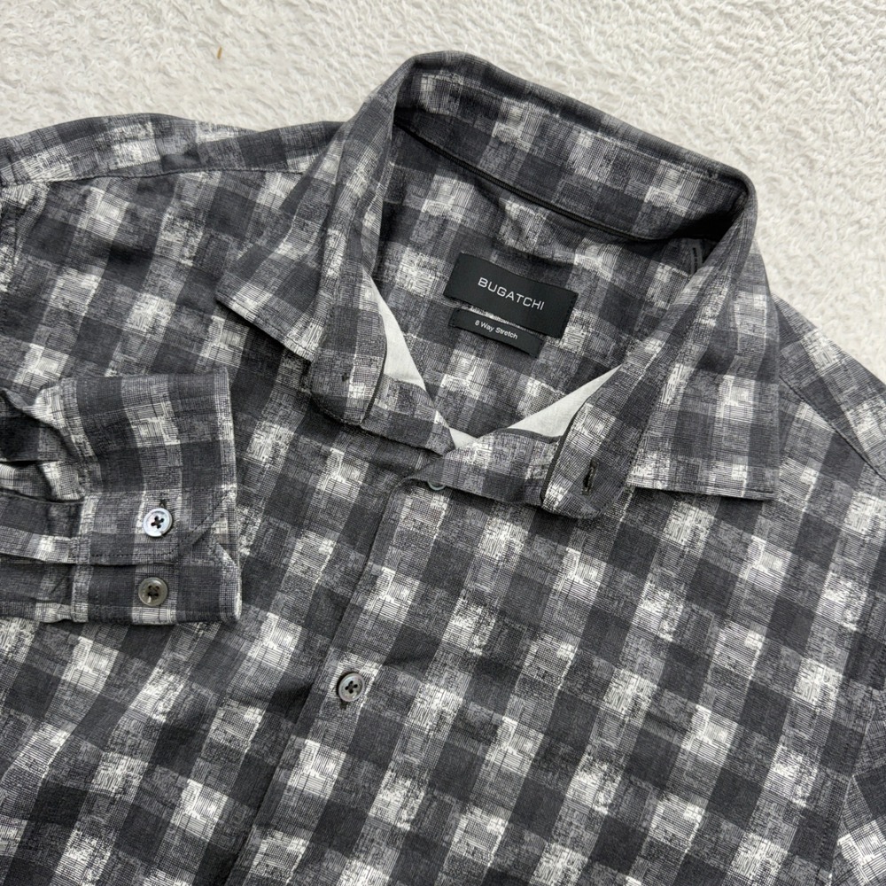 Bugatchi Mens Grey Black Plaid 8 Way Stretch Long Sleeve Button Down Shirt M‎